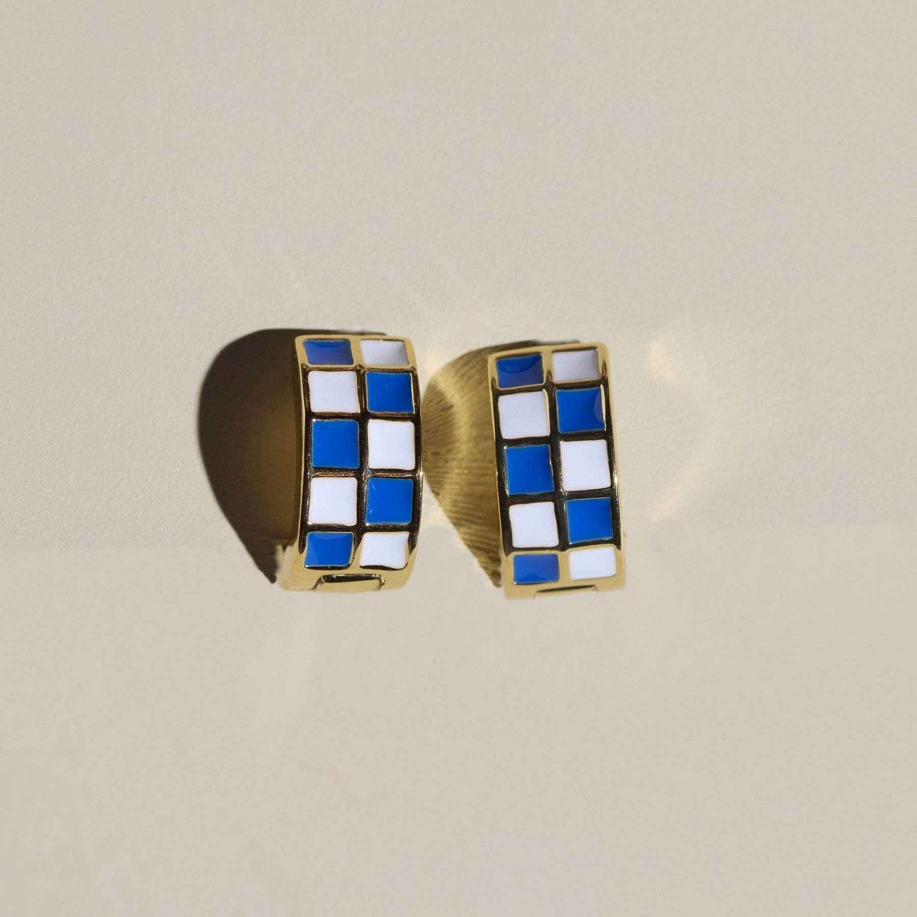 Blue & White Checkered Enamel Huggies: Gold